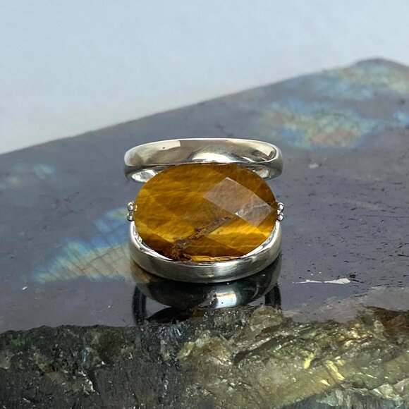 Signed Sterling Silver 925 Faceted Tigers Eye Split Shank Wide Band Ring 6.75 - Picture 5 of 16